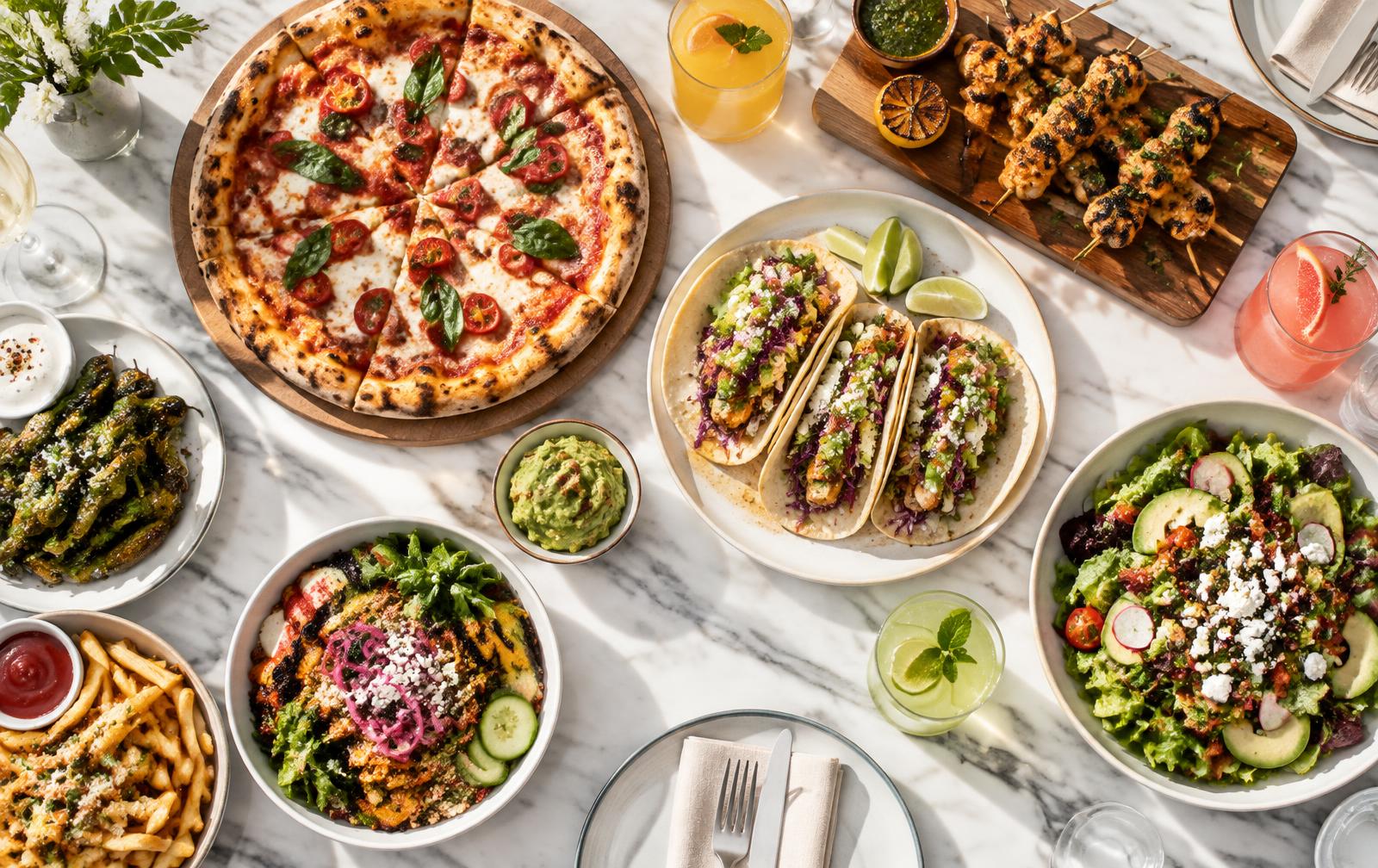 Table garnie de pizza, tacos, brochettes, salades et jus frais